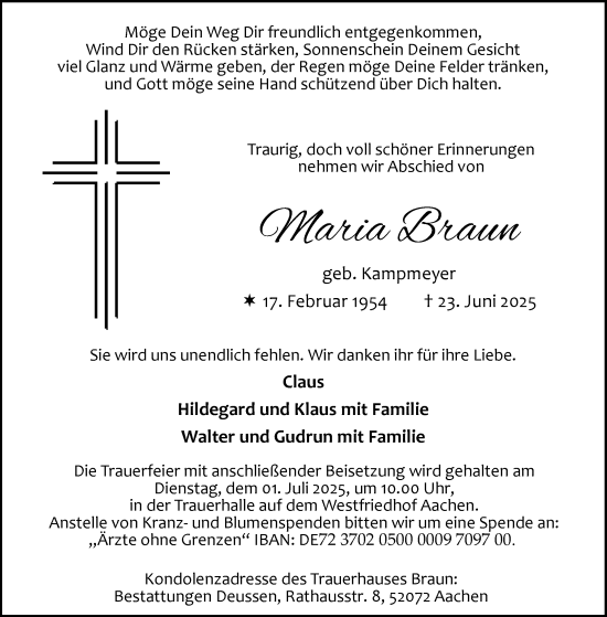 Traueranzeige von Maria Braun von Aachener Zeitung