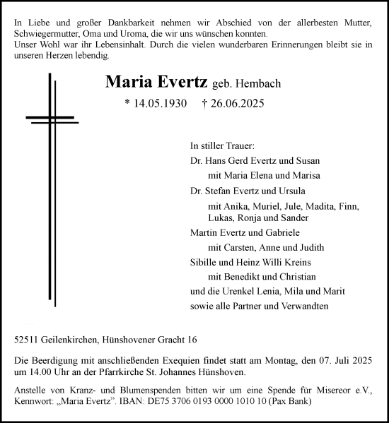 Traueranzeige von Maria Evertz von Aachener Zeitung