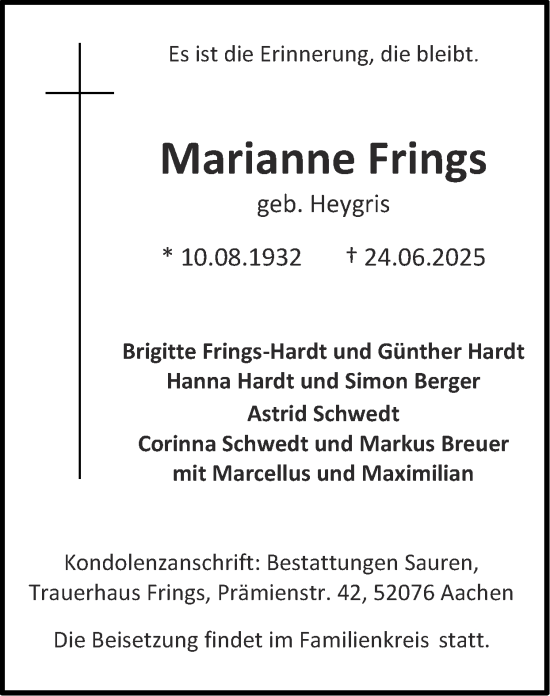 Traueranzeige von Marianne Frings von Zeitung am Sonntag