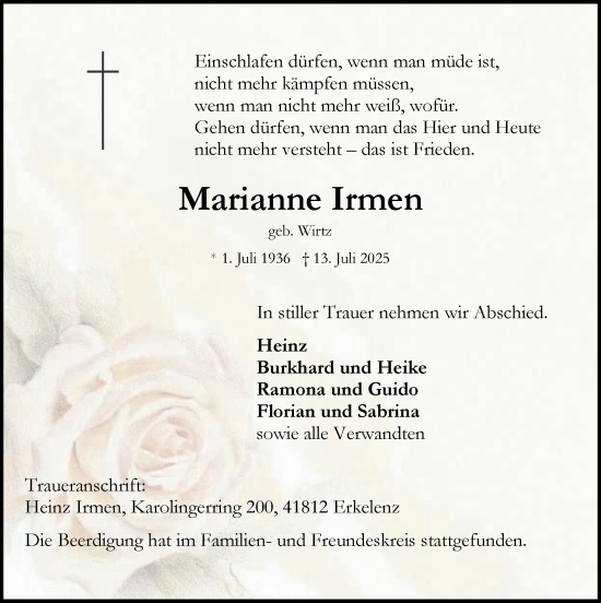 Traueranzeige von Marianne Irmen von Zeitung am Sonntag
