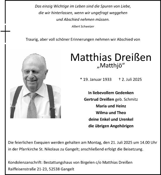 Traueranzeige von Matthias Dreißen von Zeitung am Sonntag