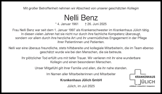 Traueranzeige von Nelli Benz von Zeitung am Sonntag