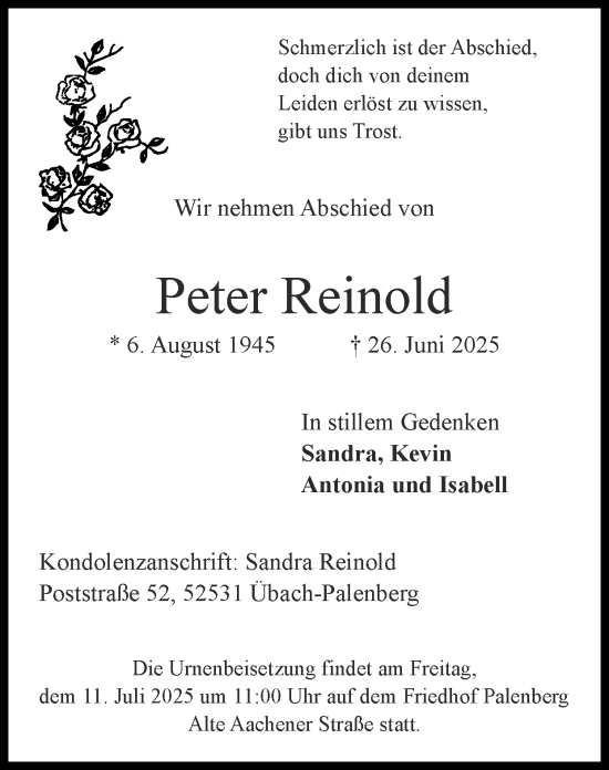 Traueranzeige von Peter Reinold von Zeitung am Sonntag