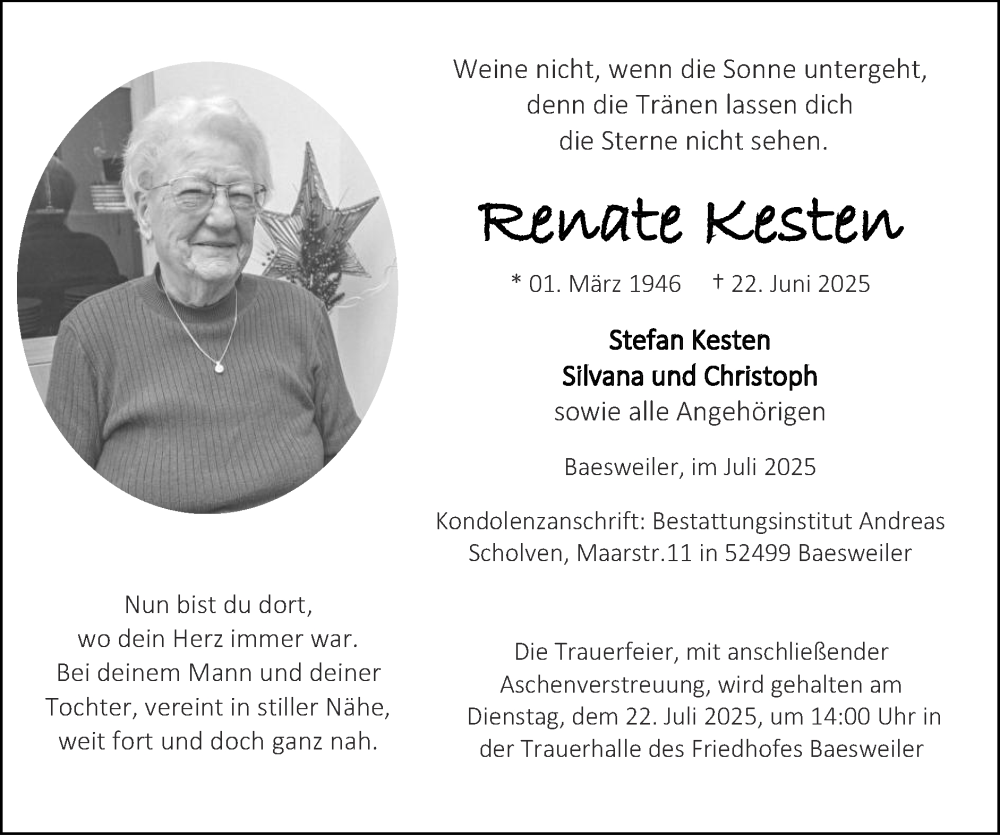  Traueranzeige für Renate Kesten vom 13.07.2025 aus Zeitung am Sonntag