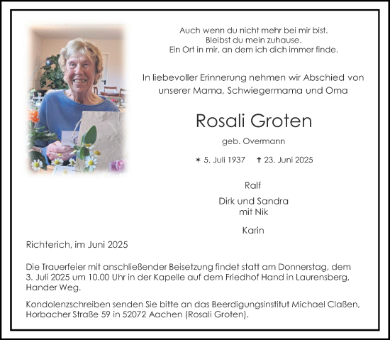 Traueranzeige von Rosali Groten von Aachener Zeitung