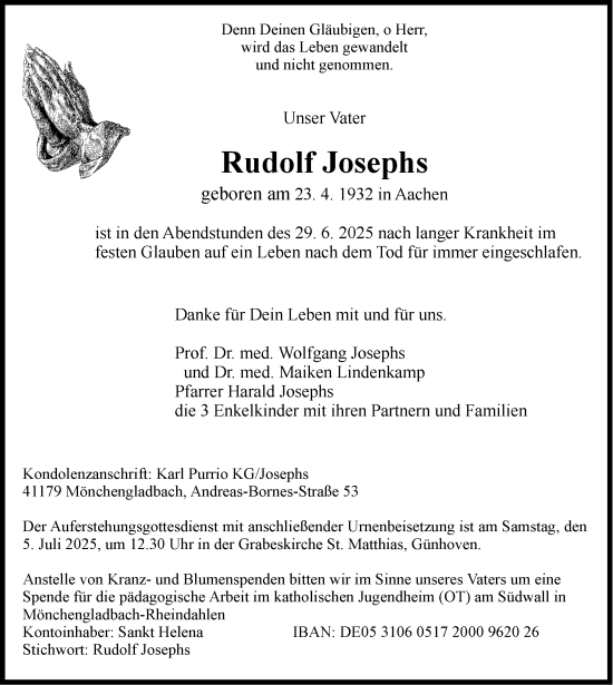 Traueranzeige von Rudolf Josephs von Aachener Zeitung