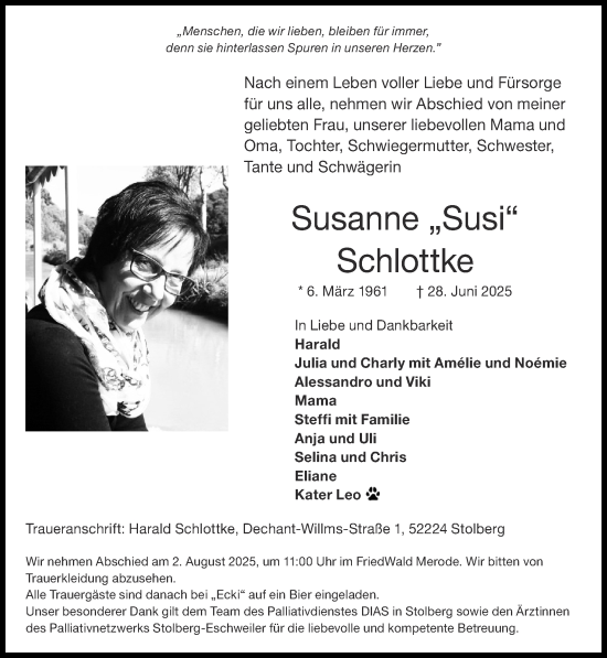 Traueranzeige von Susanne Schlottke von Zeitung am Sonntag
