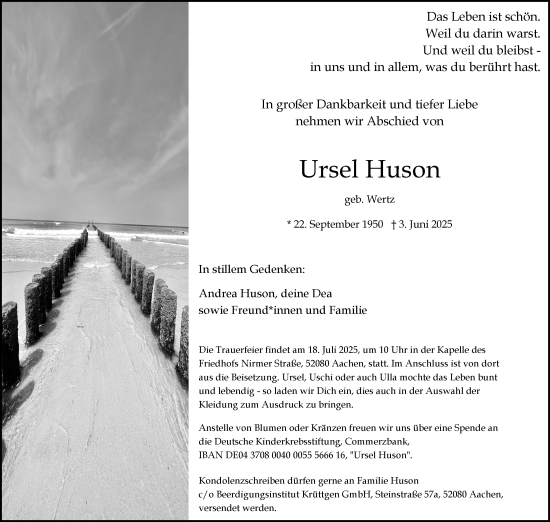 Traueranzeige von Ursel Huson von Aachener Zeitung