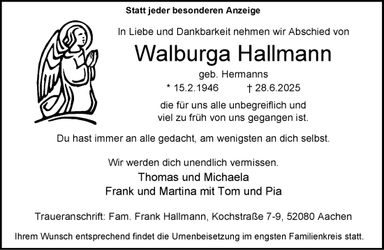 Traueranzeige von Walburga Hallmann von Zeitung am Sonntag