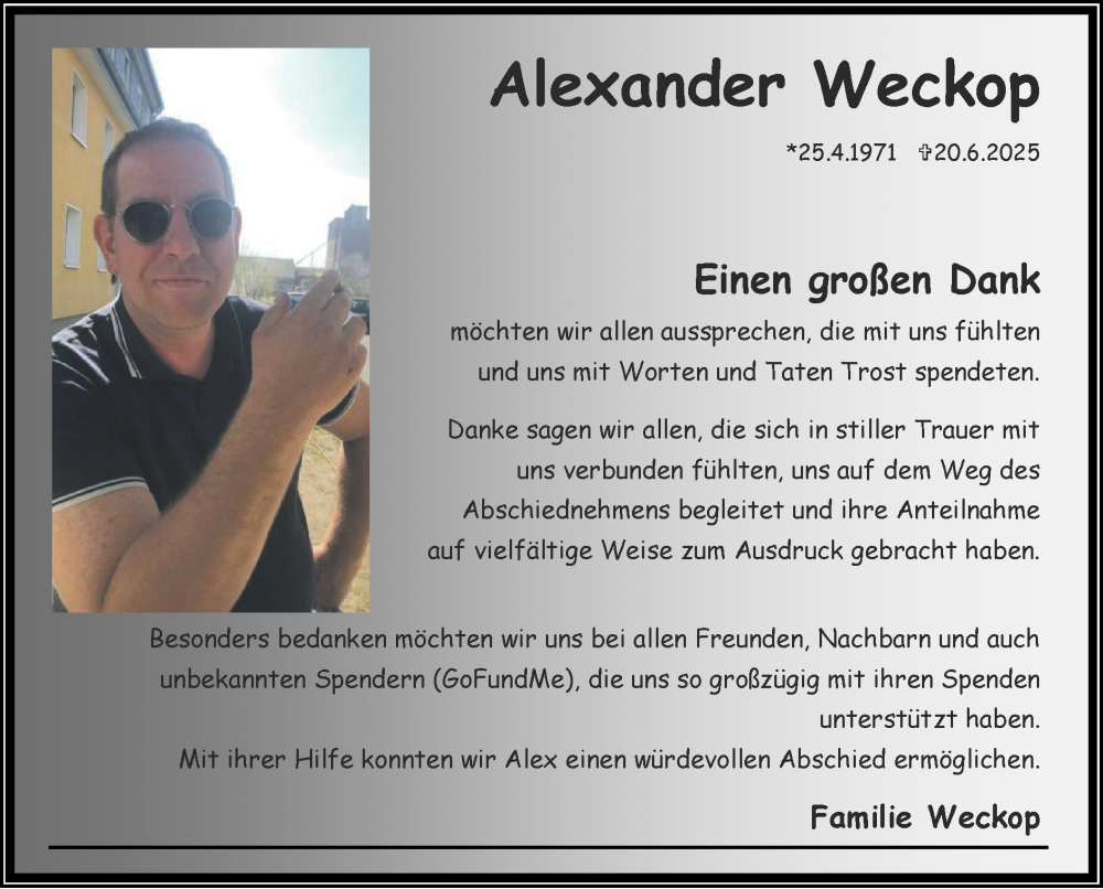  Traueranzeige für Alexander Weckop vom 10.08.2025 aus Zeitung am Sonntag