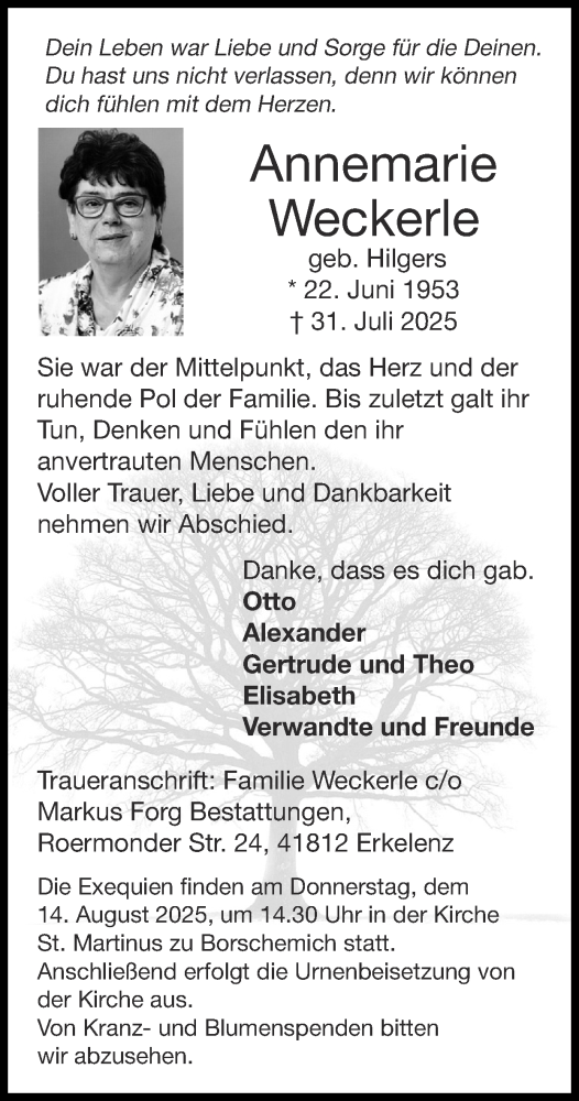  Traueranzeige für Annemarie Weckerle vom 10.08.2025 aus Zeitung am Sonntag