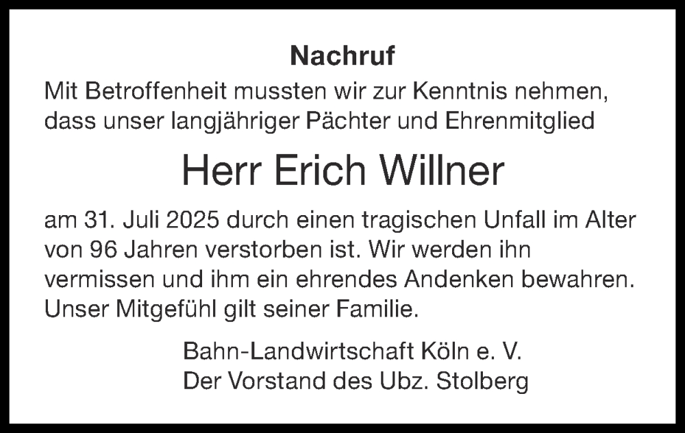 Traueranzeige für Erich Willner vom 10.08.2025 aus Zeitung am Sonntag