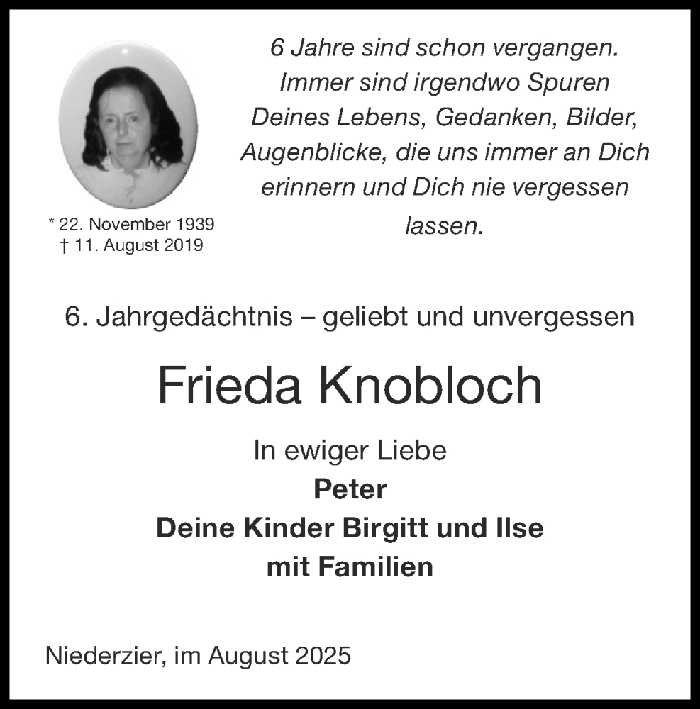 Traueranzeige für Frieda Knobloch vom 10.08.2025 aus Zeitung am Sonntag