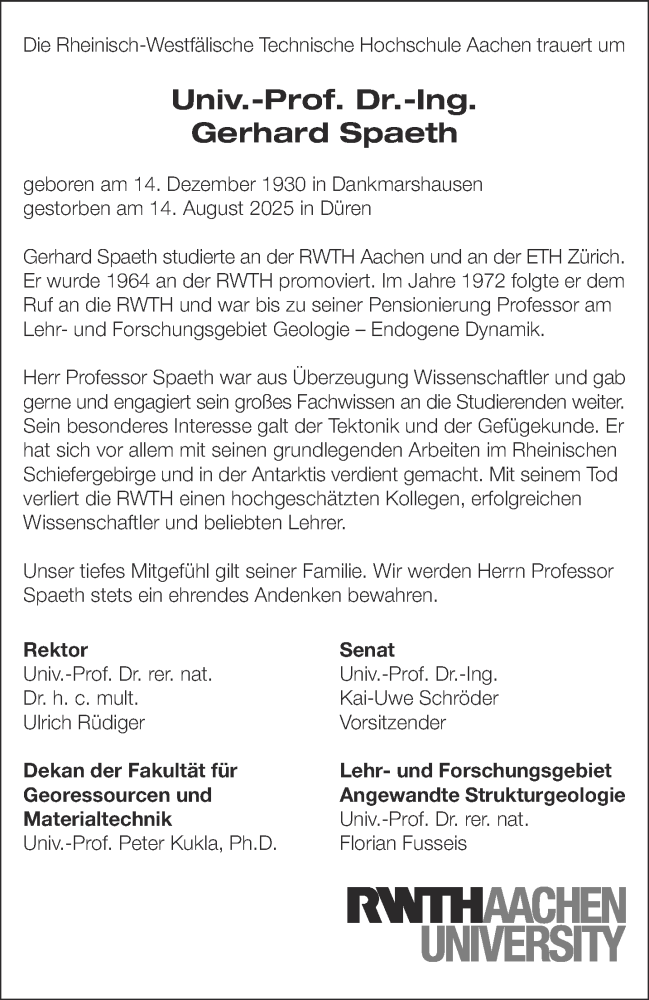  Traueranzeige für Gerhard Spaeth vom 30.08.2025 aus Aachener Zeitung