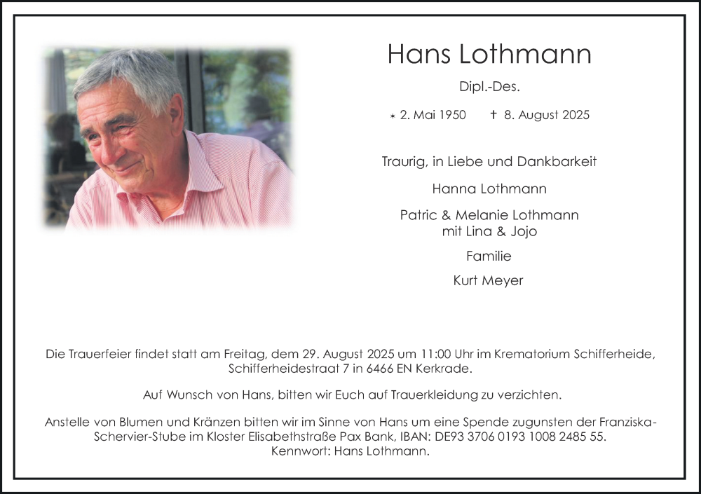  Traueranzeige für Hans Lothmann vom 16.08.2025 aus Aachener Zeitung