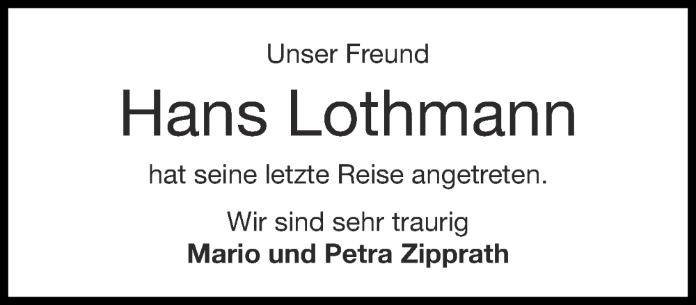  Traueranzeige für Hans Lothmann vom 16.08.2025 aus Aachener Zeitung