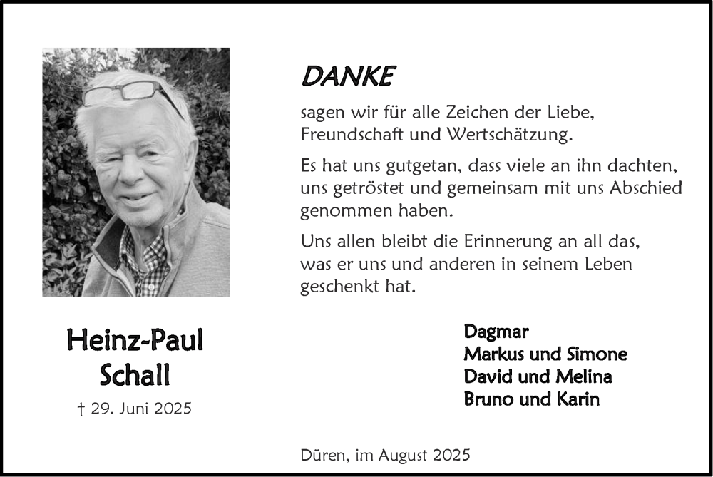  Traueranzeige für Heinz-Paul Schall vom 24.08.2025 aus Zeitung am Sonntag