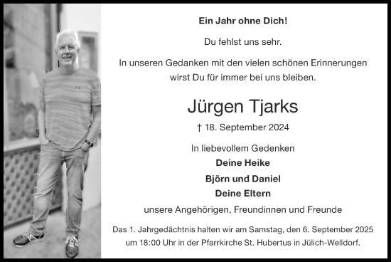 Traueranzeige von Jürgen Tjarks von Zeitung am Sonntag