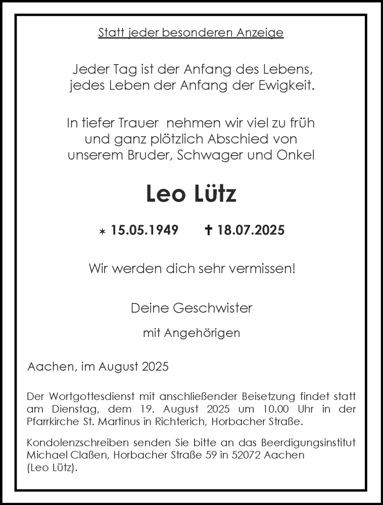  Traueranzeige für Leo Lütz vom 16.08.2025 aus Aachener Zeitung