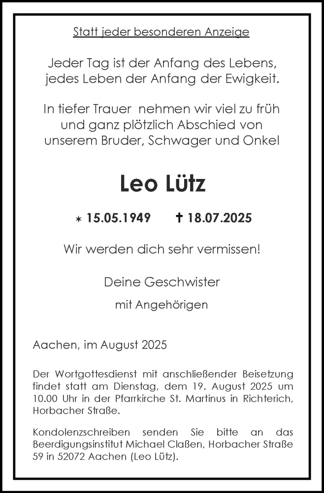  Traueranzeige für Leo Lütz vom 17.08.2025 aus Zeitung am Sonntag