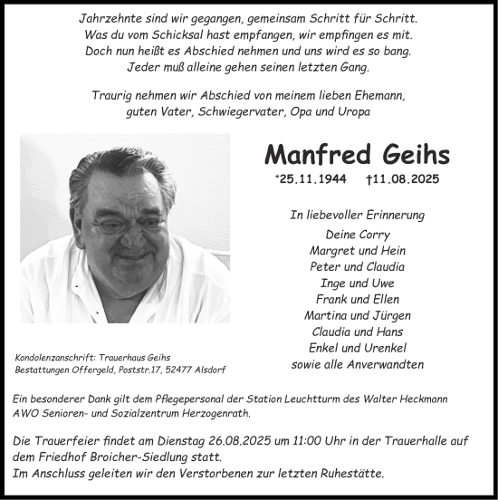Traueranzeige von Manfred Geihs von Zeitung am Sonntag