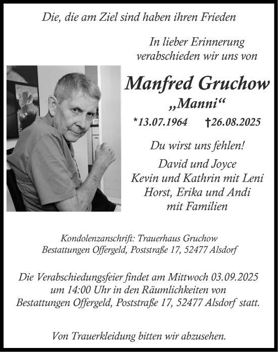 Traueranzeige von Manfred Gruchow von Zeitung am Sonntag