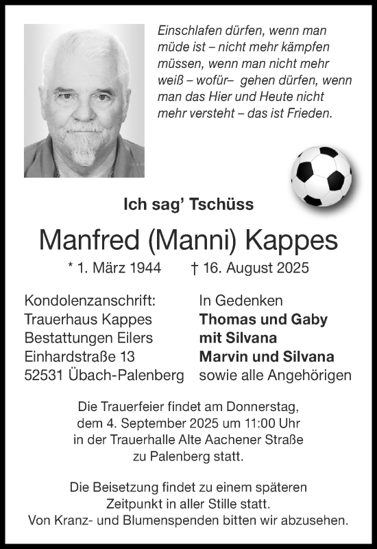 Traueranzeige von Manfred Kappes von Zeitung am Sonntag