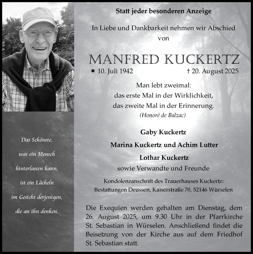  Traueranzeige für Manfred Kuckertz vom 24.08.2025 aus Zeitung am Sonntag