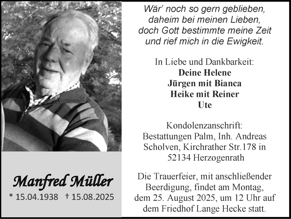  Traueranzeige für Manfred Müller vom 24.08.2025 aus Zeitung am Sonntag
