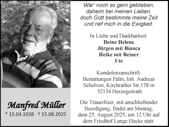 Traueranzeige von Manfred Müller von Zeitung am Sonntag