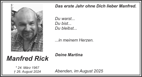 Traueranzeige von Manfred Rick von Zeitung am Sonntag