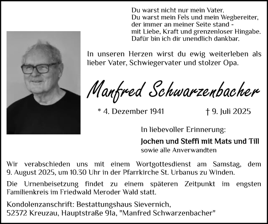Traueranzeige von Manfred Schwarzenbacher von Zeitung am Sonntag
