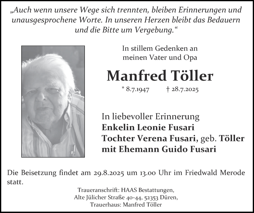 Traueranzeige für Manfred Töller vom 10.08.2025 aus Zeitung am Sonntag