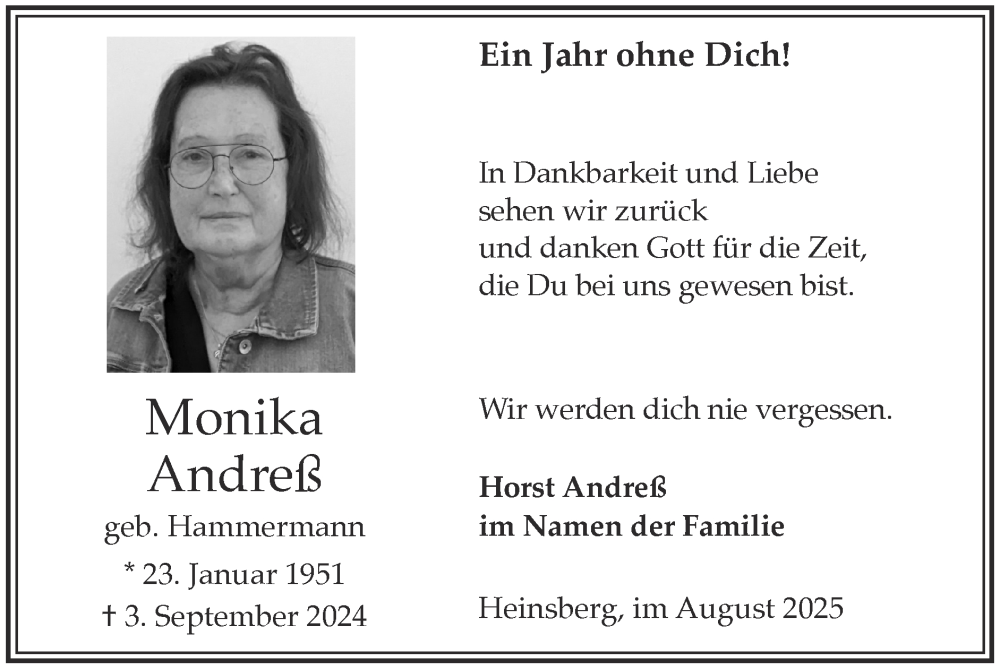  Traueranzeige für Monika Andreß vom 31.08.2025 aus Zeitung am Sonntag