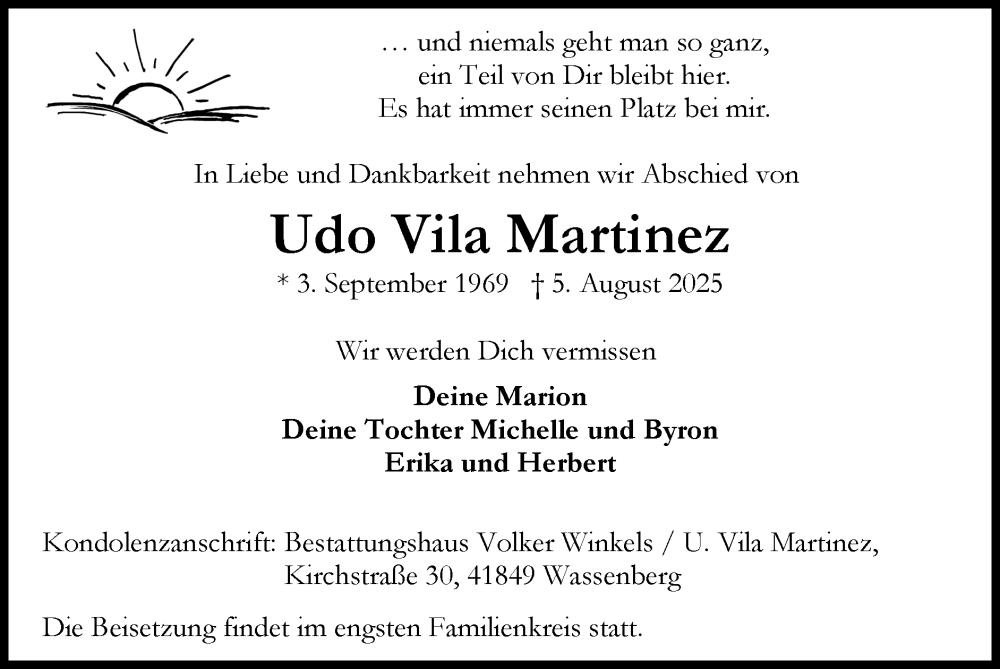  Traueranzeige für Udo Vila Martinez vom 17.08.2025 aus Zeitung am Sonntag