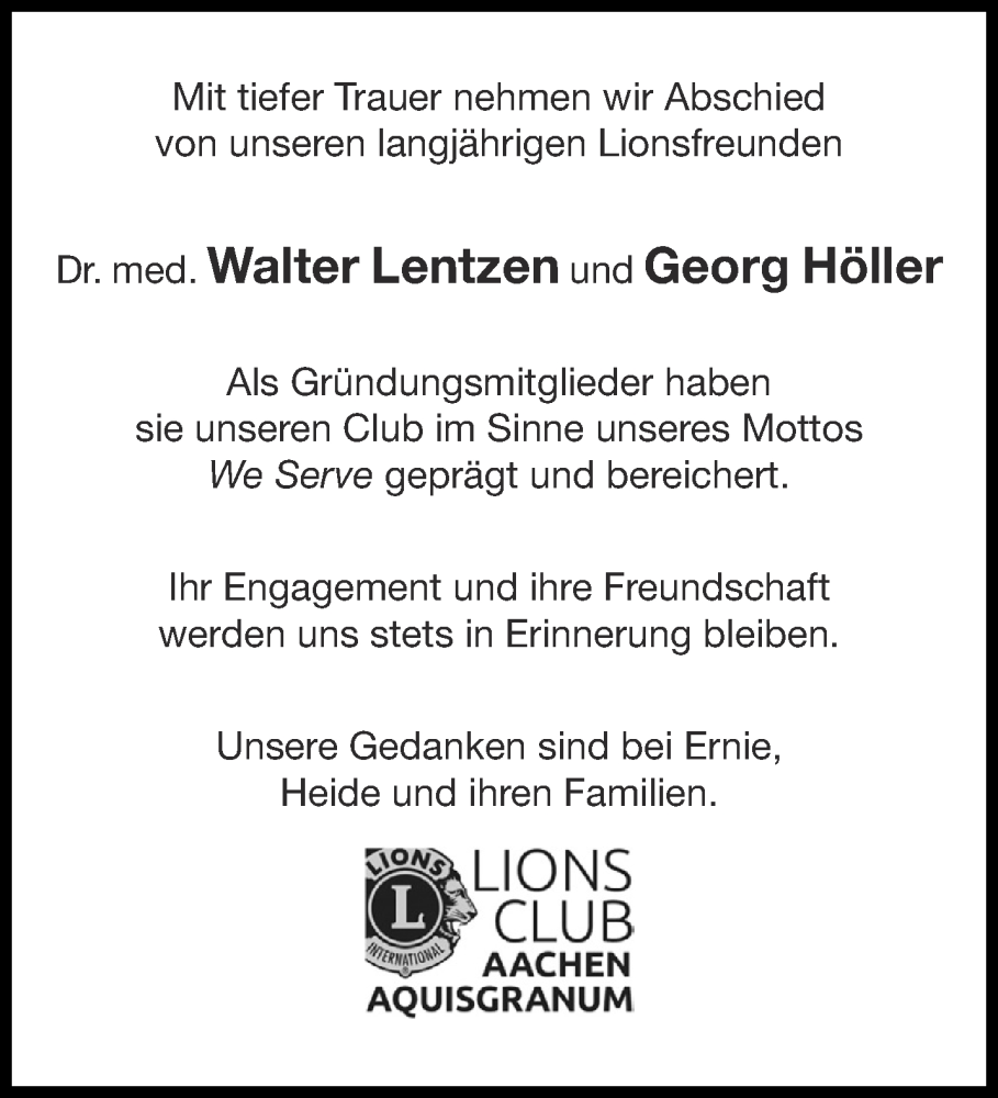  Traueranzeige für Walter Lentzen vom 16.08.2025 aus Aachener Zeitung