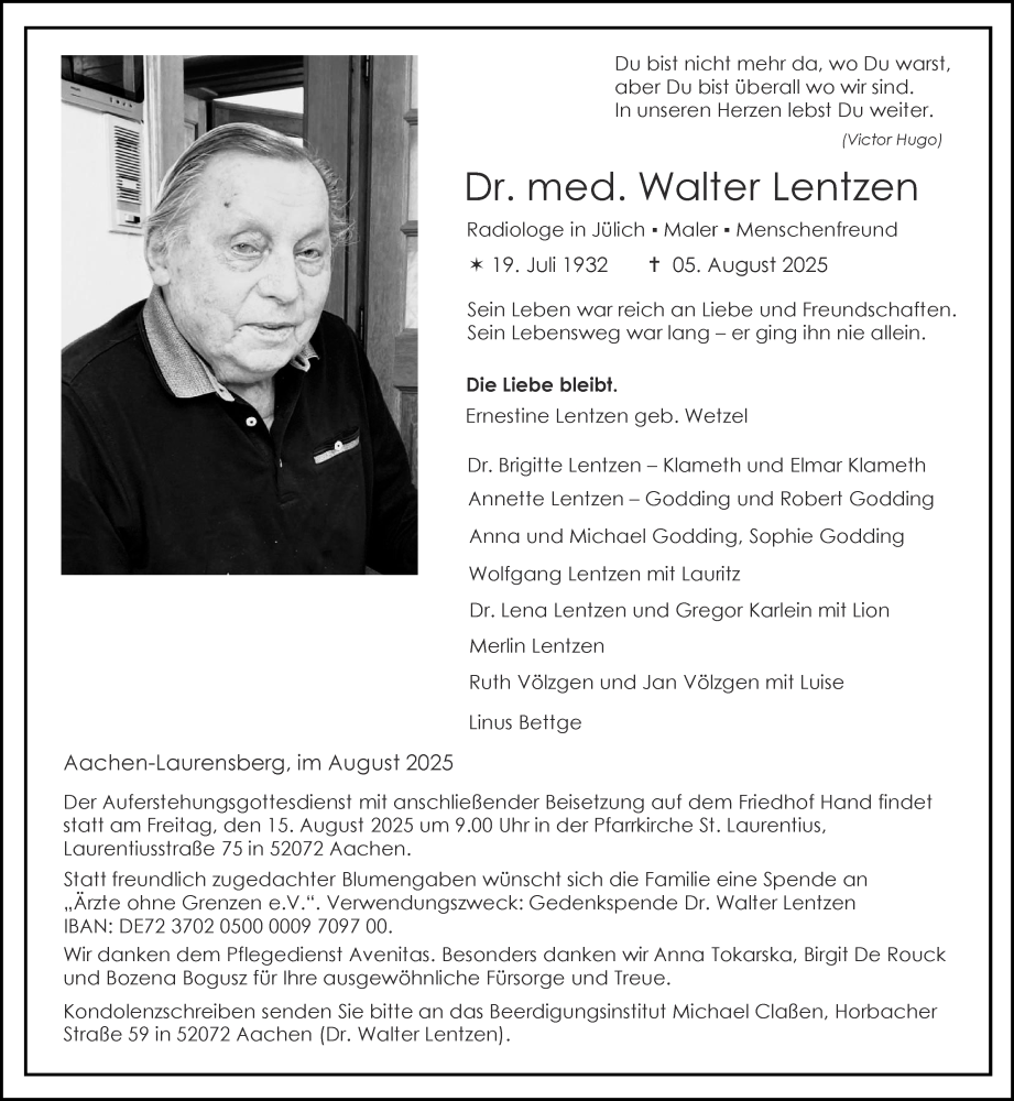  Traueranzeige für Walter Lentzen vom 09.08.2025 aus Aachener Zeitung