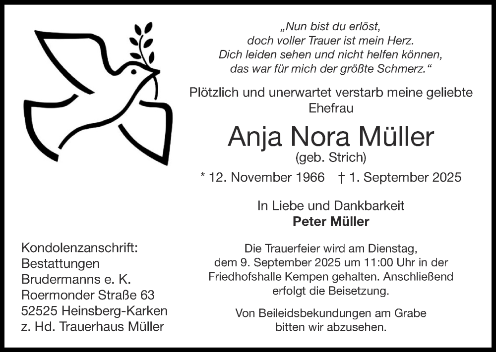  Traueranzeige für Anja Nora Müller vom 07.09.2025 aus Zeitung am Sonntag
