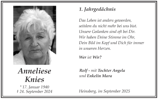 Traueranzeige von Anneliese Knies von Zeitung am Sonntag