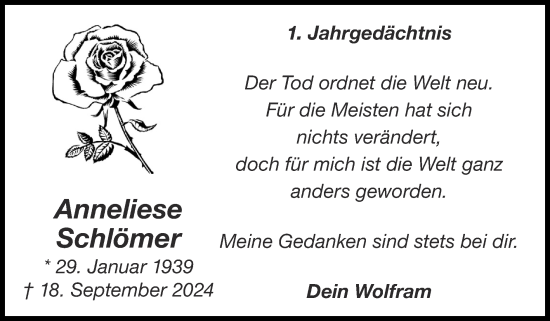 Traueranzeige von Anneliese Schlömer von Zeitung am Sonntag