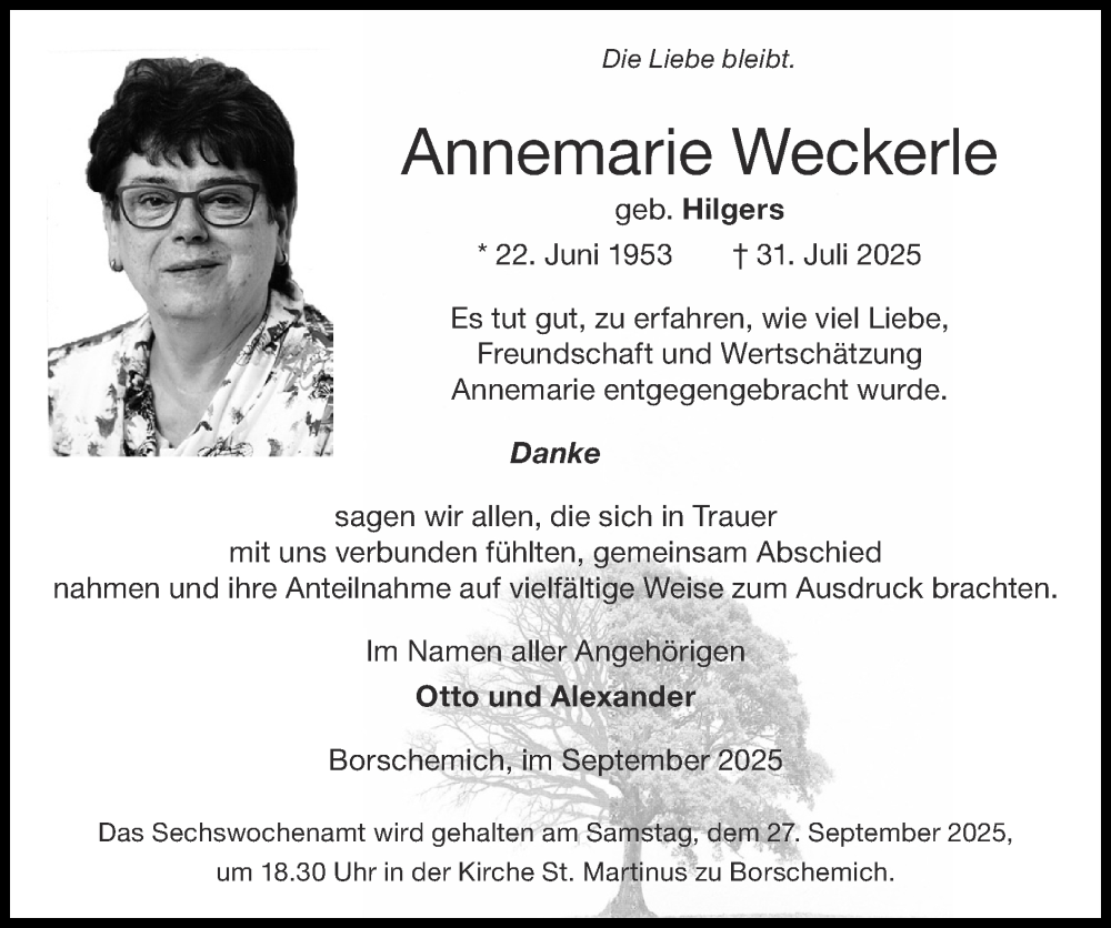  Traueranzeige für Annemarie Weckerle vom 21.09.2025 aus Zeitung am Sonntag