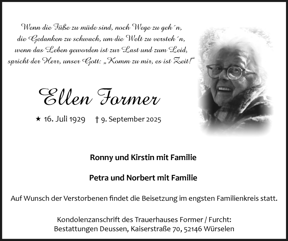  Traueranzeige für Ellen Former vom 21.09.2025 aus Zeitung am Sonntag