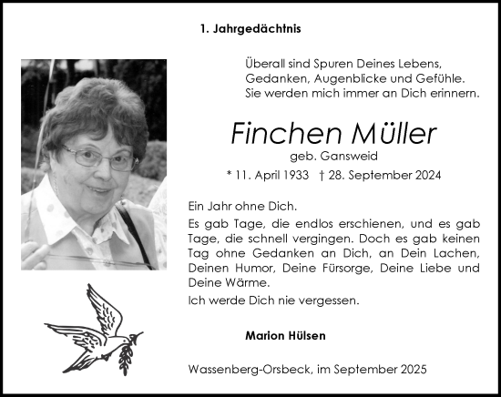 Traueranzeige von Finchen Müller von Zeitung am Sonntag