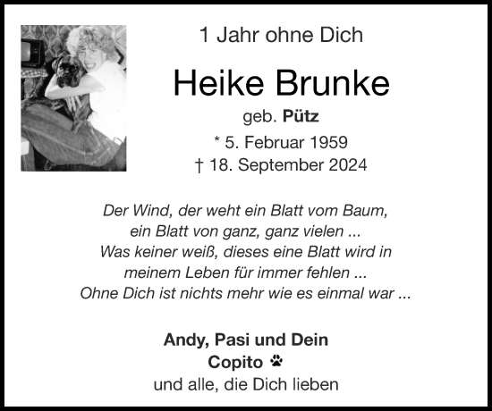 Traueranzeige von Heike Brunke von Zeitung am Sonntag