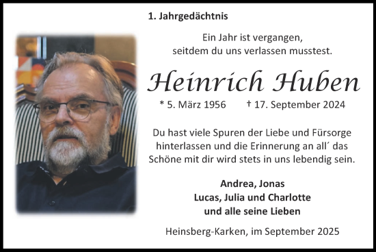 Traueranzeige von Heinrich Huben von Zeitung am Sonntag
