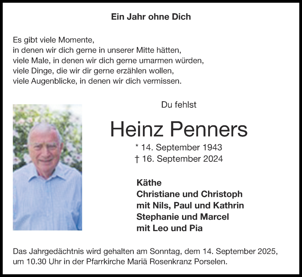  Traueranzeige für Heinz Penners vom 07.09.2025 aus Zeitung am Sonntag