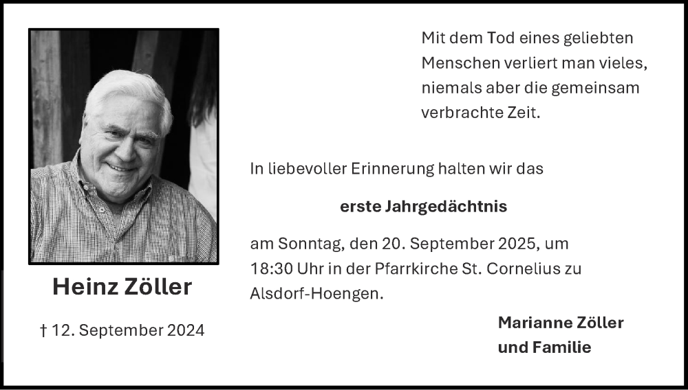  Traueranzeige für Heinz Zöller vom 14.09.2025 aus Zeitung am Sonntag