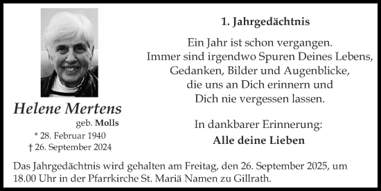 Traueranzeige von Helene Mertens von Zeitung am Sonntag