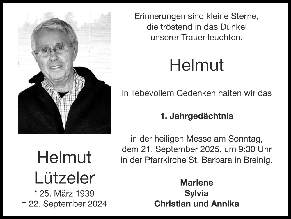  Traueranzeige für Helmut Lützeler vom 14.09.2025 aus Zeitung am Sonntag