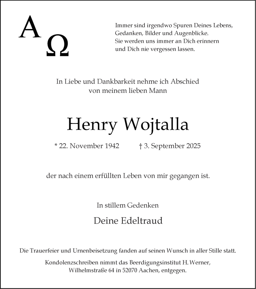  Traueranzeige für Henry Wojtalla vom 27.09.2025 aus Aachener Zeitung